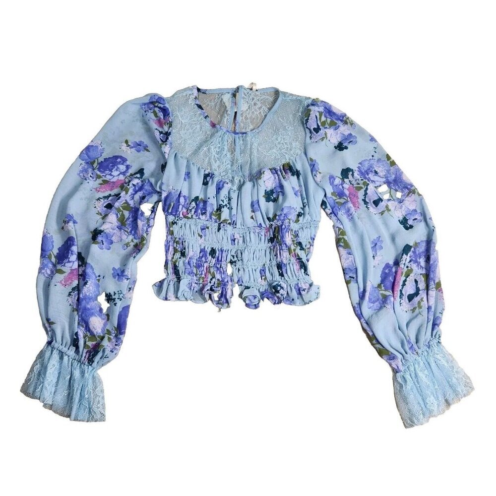 Free People Women's Size M Daphne Blouse Silver Blue Combo Smocked Cropped 37
